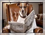 Fotel, Pies, Jack Russell terrier, Grafika, Gazeta, Okulary