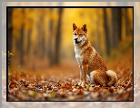 Pies, Grafika AI, Pożółkłe, Shiba inu, Liście